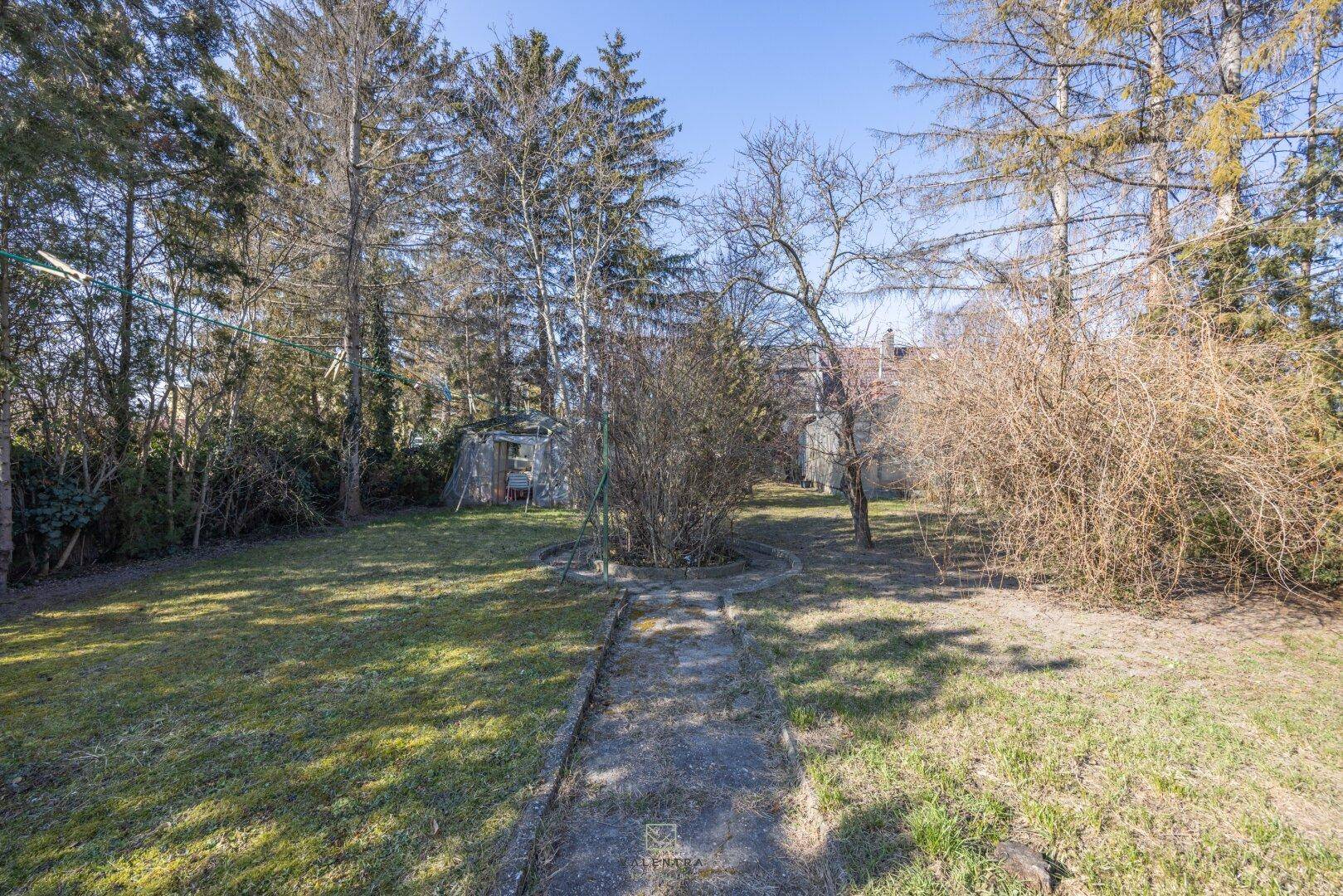 Garten mit einem geschwungenen Steinweg, umgeben von Rasen und verschiedenen Bäumen und Sträuchern.