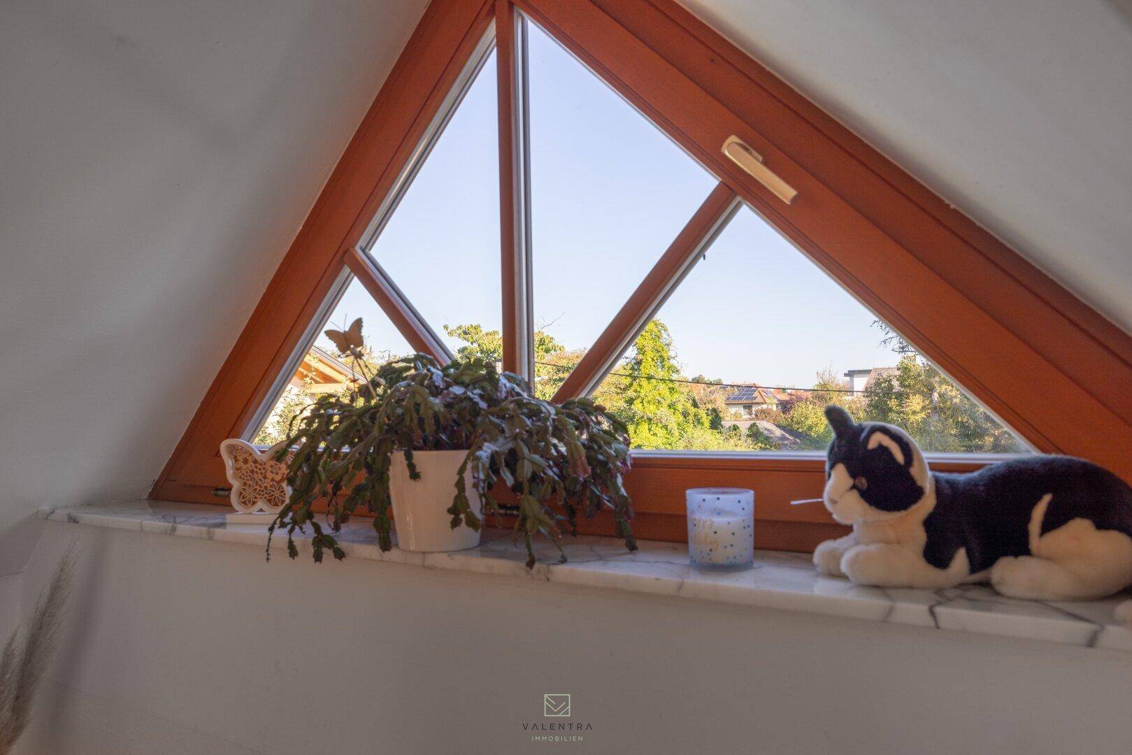 Detailansicht des Dreiecksfensters mit Blick ins Grüne und auf die umliegende Nachbarschaft.