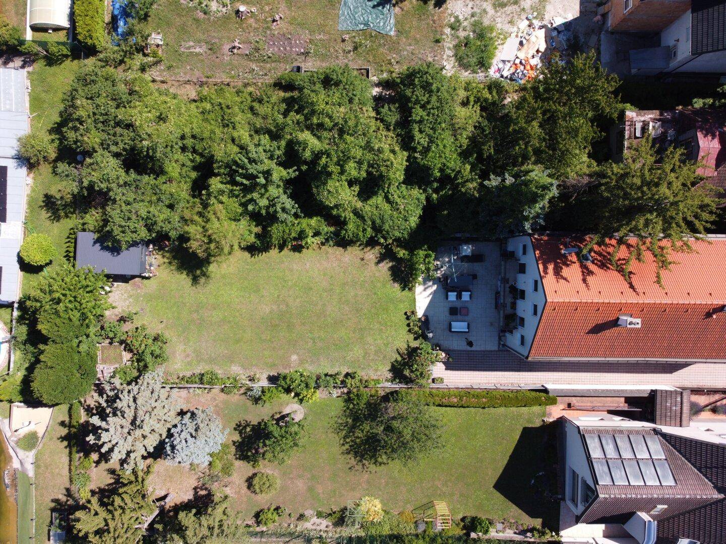 Draufsicht auf den weitläufigen Gartenbereich des Anwesens mit Rasenflächen und altem Baumbestand.