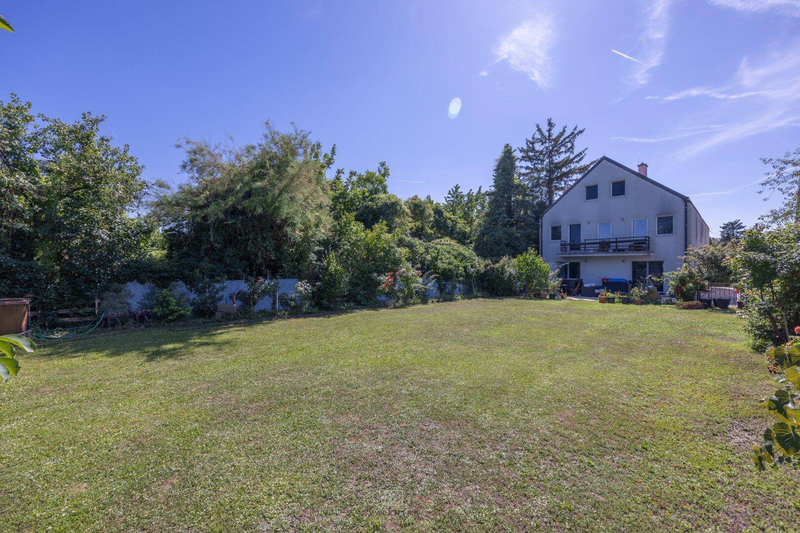 Weitläufiger Garten mit großer Rasenfläche und Blick auf das Haus, umgeben von üppigem Grün.