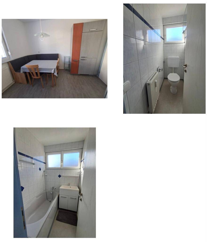 Blick auf den Essbereich in der Küche, ein separates WC und ein Badezimmer mit Badewanne und Fenster.