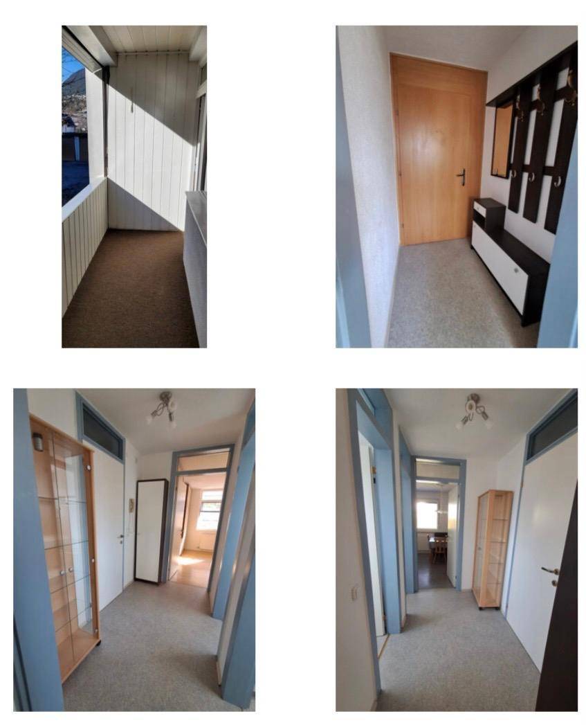 Blick auf einen Balkon mit Teppichboden und einen Flur mit Garderobe und mehreren Türen zu den Zimmern.