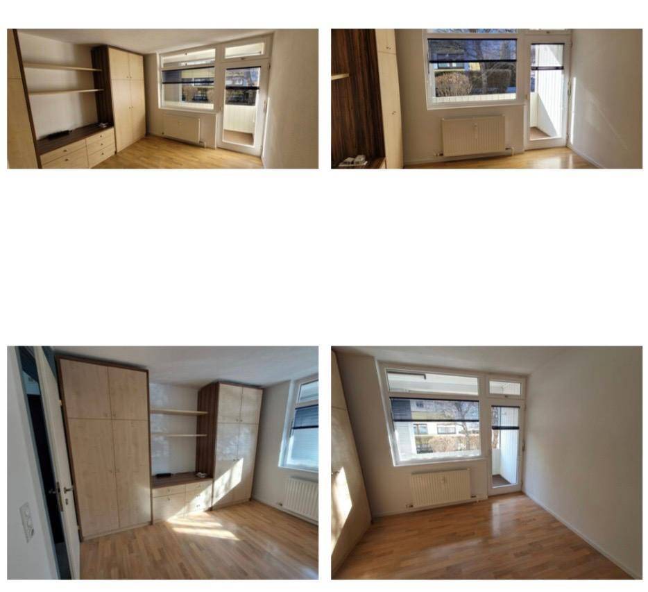 Helles Schlafzimmer mit Holzboden, Einbauschränken und Zugang zu einem Balkon durch große Fenster.