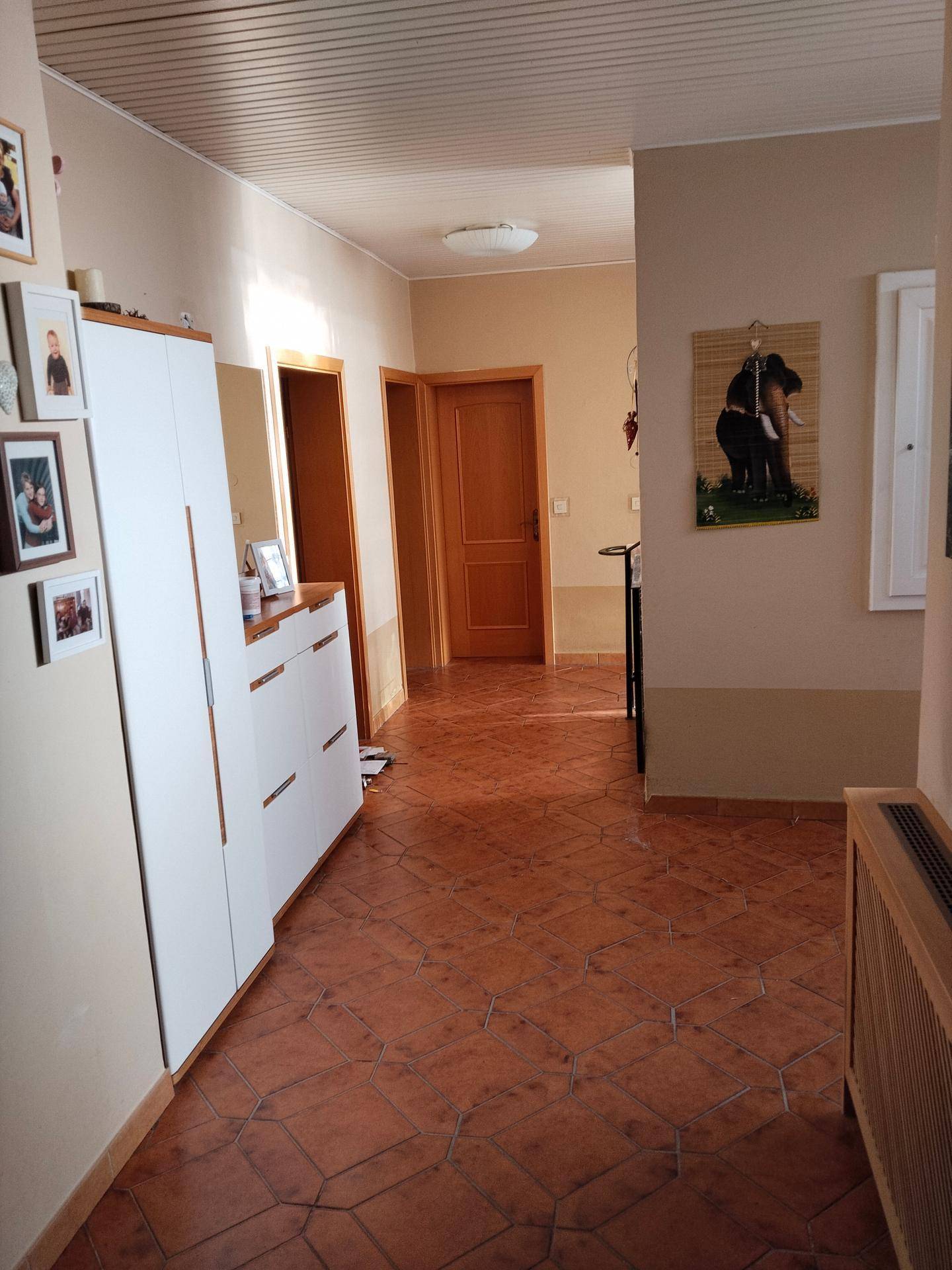 Heller Flur mit Terrakotta-Fliesenboden, Garderobe und Holztüren, die zu weiteren Räumen führen.