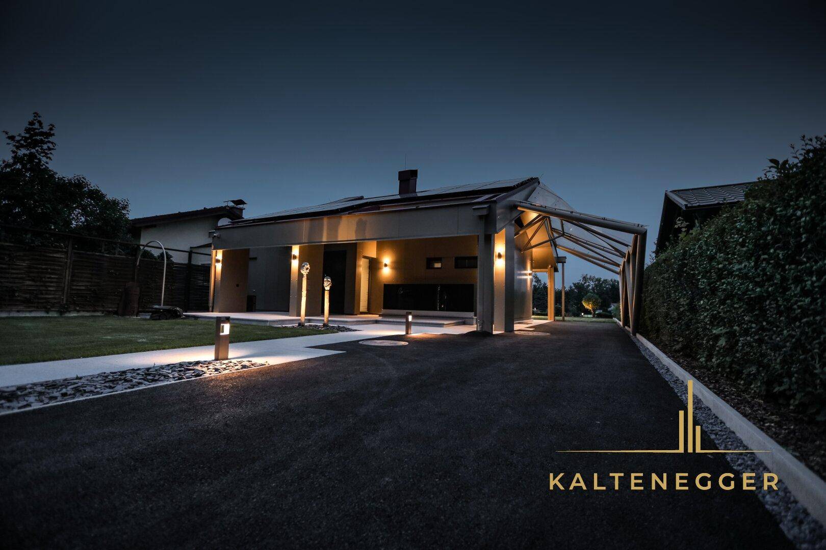Einfahrt zur modernen Villa bei Nacht mit Beleuchtung und Carport.