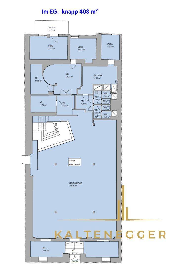 Grundriss des Erdgeschosses mit Seminarraum, Büros, Sauna und Bädern auf knapp 408 m².