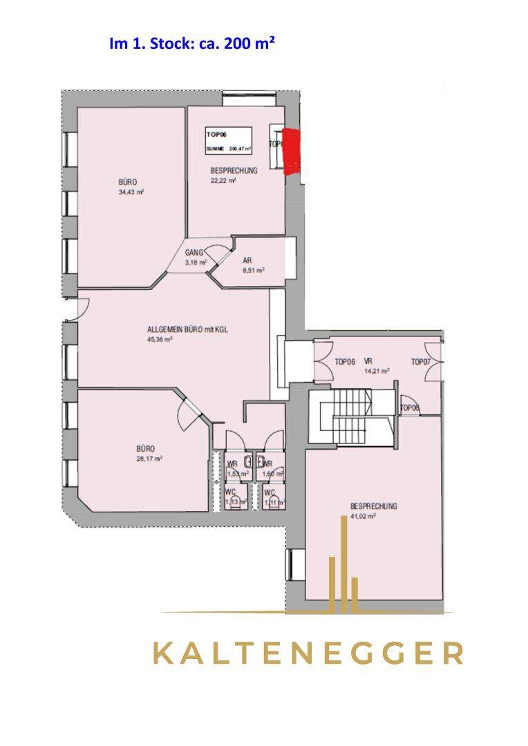 Grundriss des ersten Stocks mit Büros und Besprechungsräumen auf etwa 200 m² Fläche.