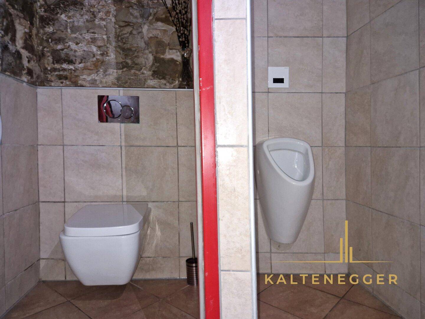 Funktionales Badezimmer mit Fliesenboden, Wand-WC, Urinal und einer rustikalen Steinwand.