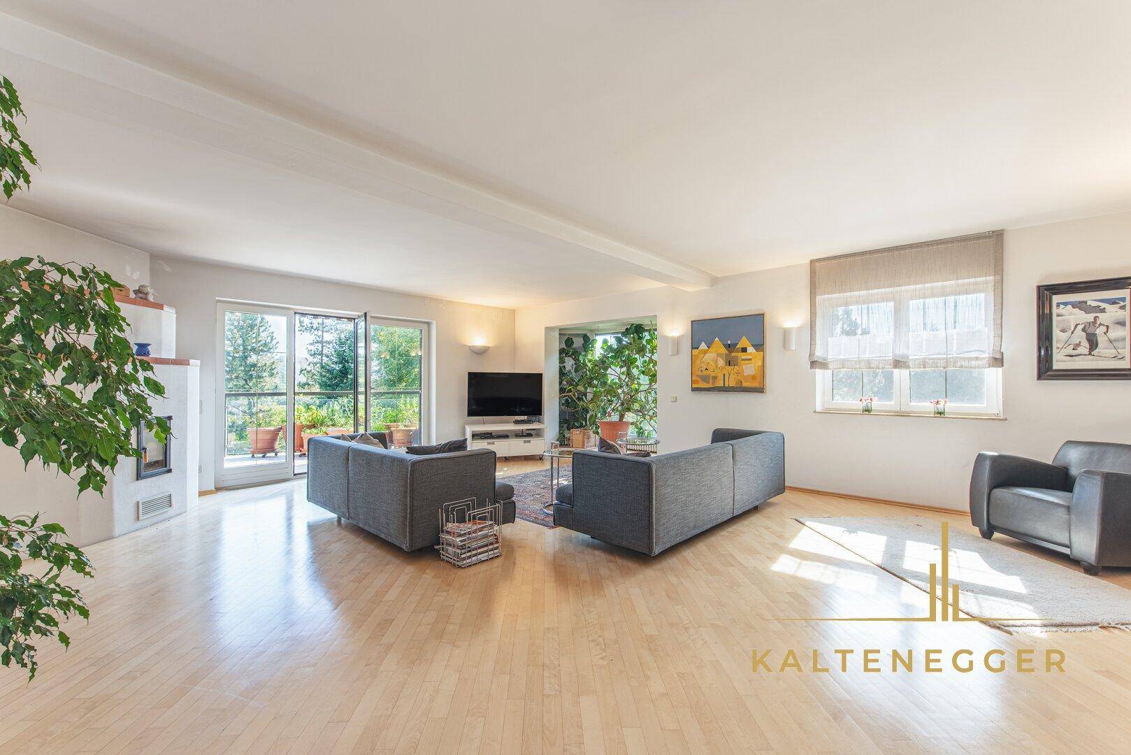 Großes, helles Wohnzimmer mit Holzboden, Kamin und Zugang zu einem Balkon mit Weitblick.
