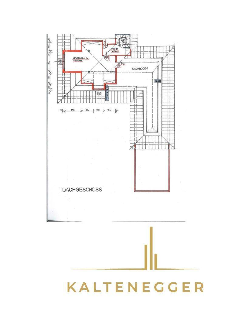 Grundriss des Dachgeschosses mit Hobbyraum und Dachbodenfläche.