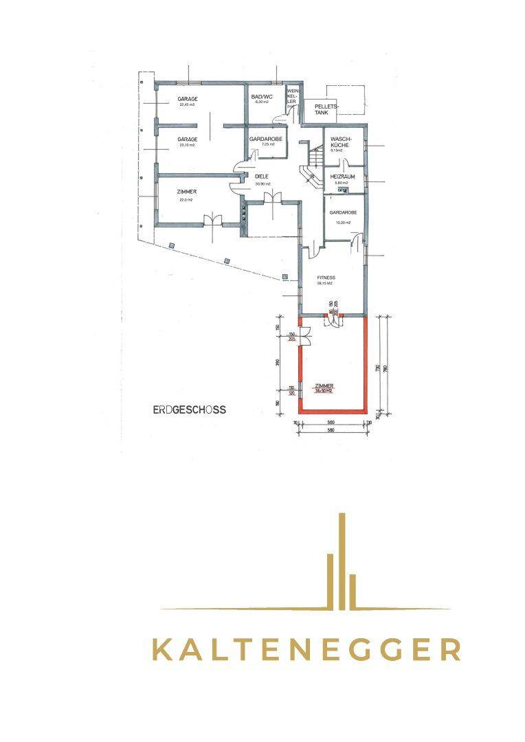 Grundriss des Erdgeschosses mit Garage, Bad, Garderobe, Fitnessraum und Hauswirtschaftsraum.