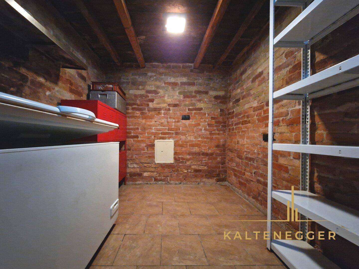 Lagerraum im Keller mit unverputzten Ziegelwänden, Regalen und einem Gefrierschrank.