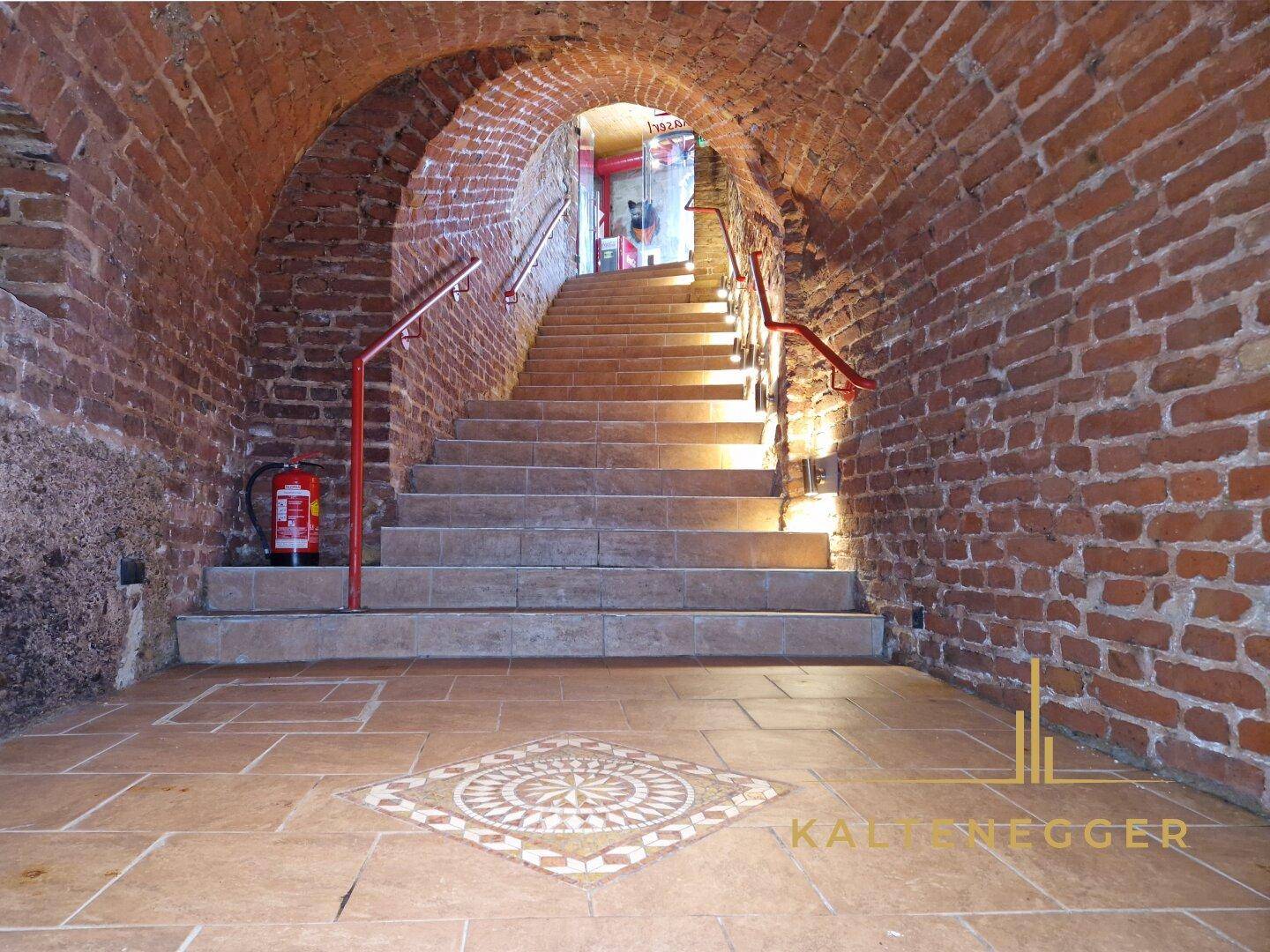 Historischer Gewölbekeller mit Ziegelwänden, Fliesenboden und einer breiten Treppe nach oben.