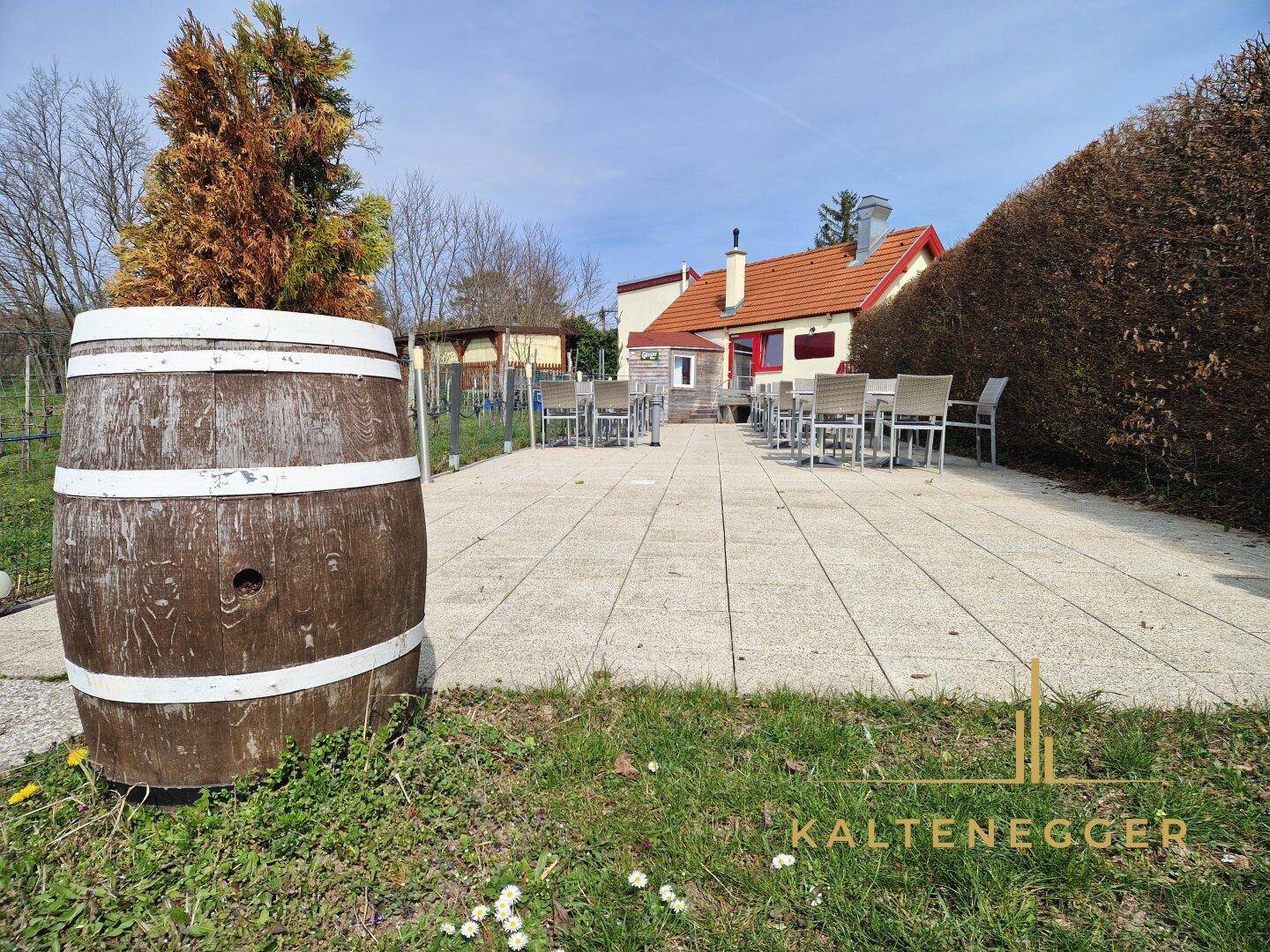 Geräumige gepflasterte Terrasse mit Sitzgelegenheiten und einem dekorativen Holzfass im Vordergrund.