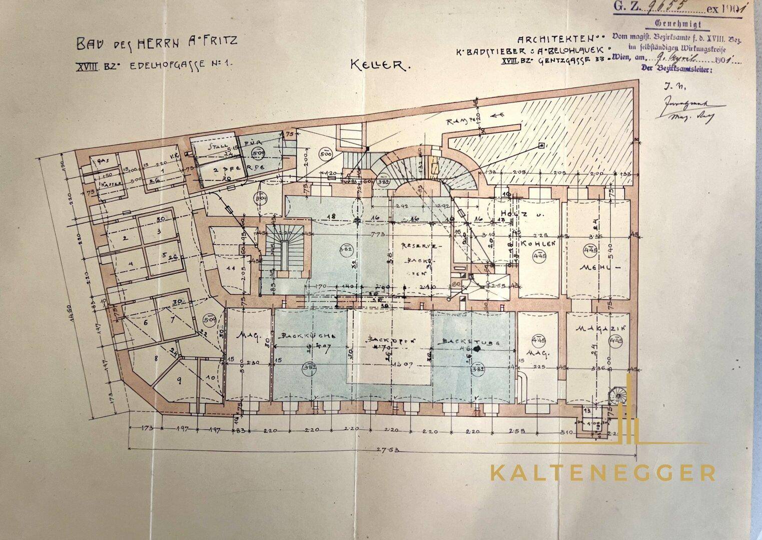 Historischer Kellergrundriss mit Lagerflächen, Kohlenkeller und Treppenhaus, datiert auf 1913.