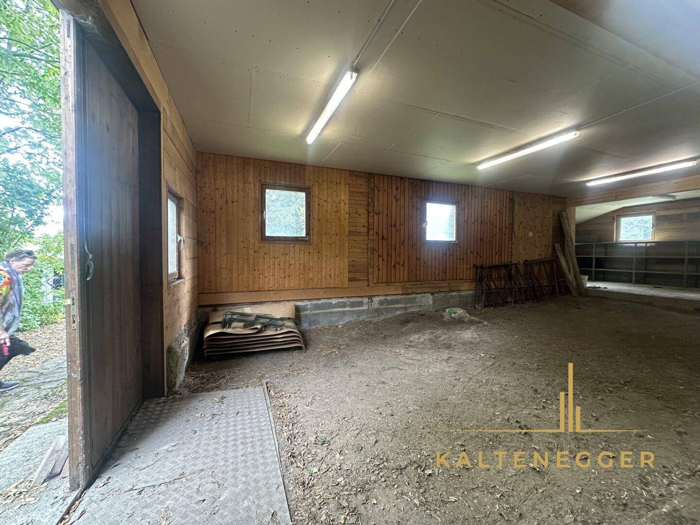 Großer, leerer Raum mit Holzwänden und Erdboden, ideal als Werkstatt oder Lager.