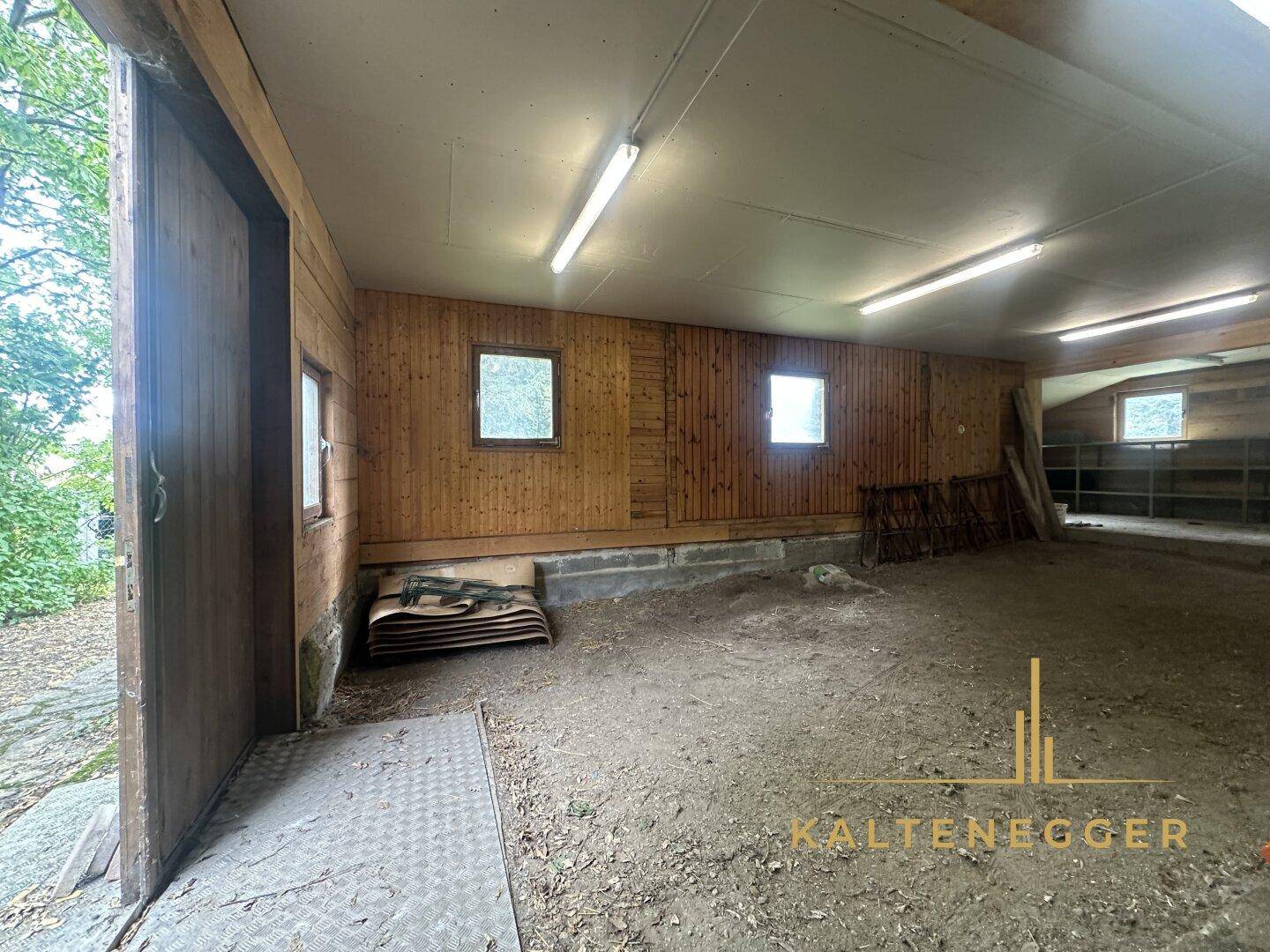 Geräumiger Innenraum mit Holzwänden und Erdboden, geeignet für handwerkliche Tätigkeiten oder Lagerung.