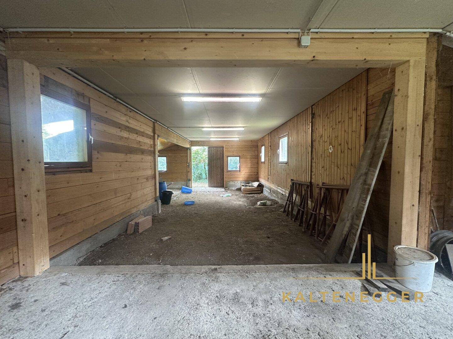 Geräumiger Innenraum mit Holzwänden, Betonboden und Blick ins Grüne durch die Tür.