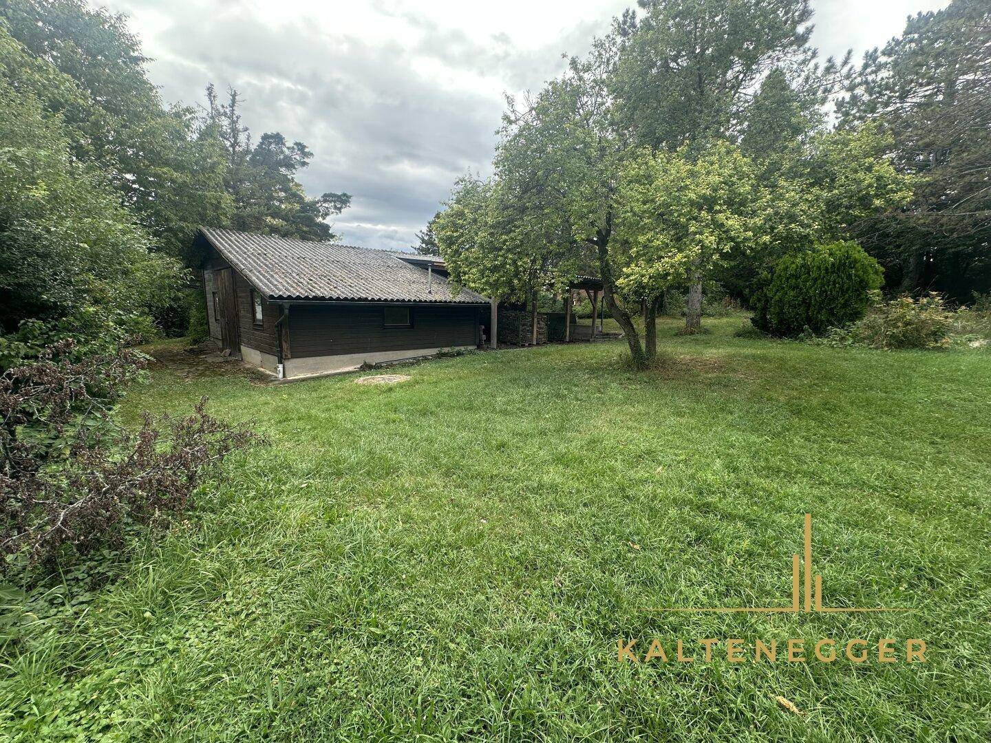 Rustikales Holzhaus mit großem Garten und altem Baumbestand unter bewölktem Himmel.