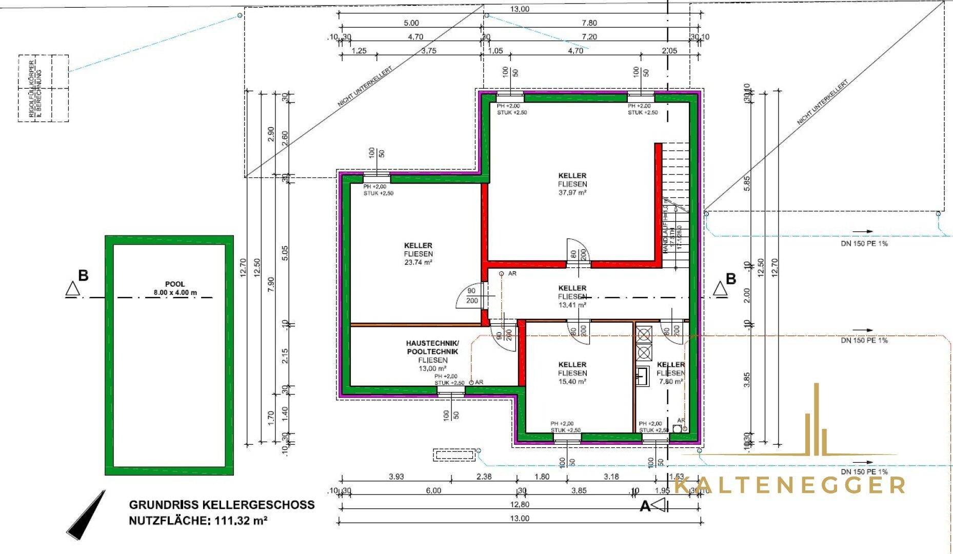Grundriss des Kellergeschosses mit Technikraum und weiteren Kellerräumen.