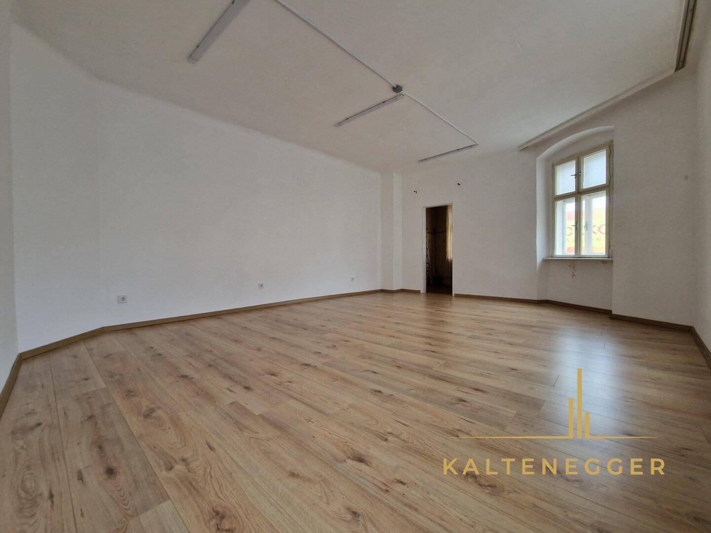 Großer, heller Raum mit modernem Laminatboden und weißen Wänden, vielseitig nutzbar.