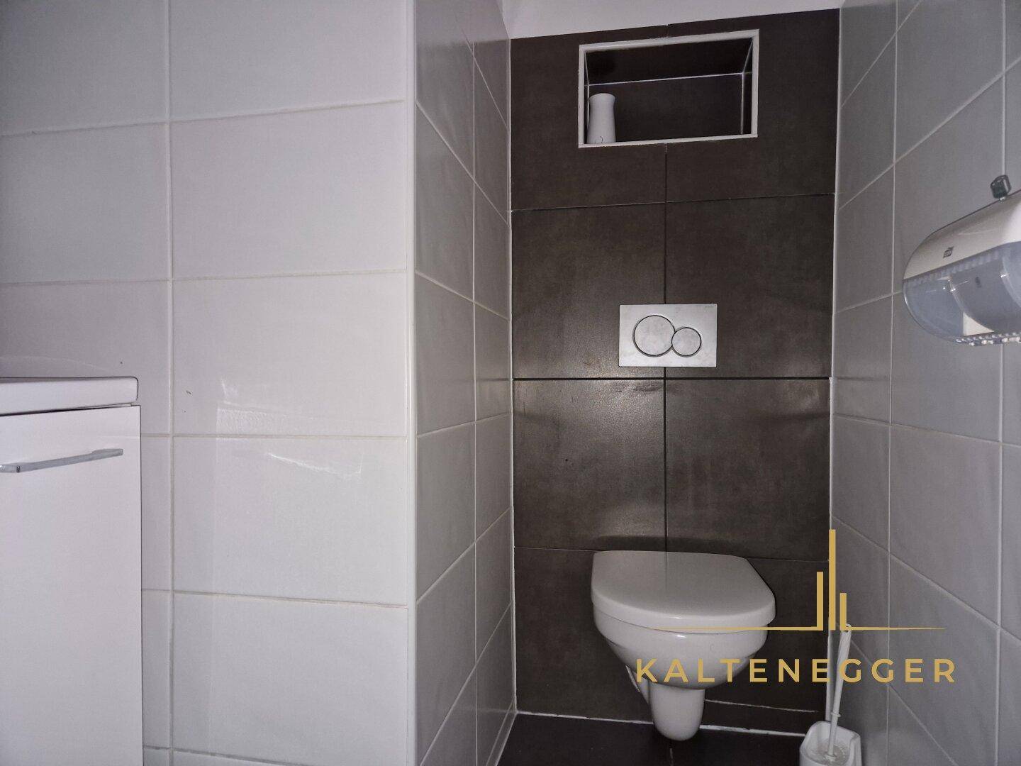 Modern geflieste Toilette mit Wand-WC und dunklen Akzentfliesen im hinteren Bereich.