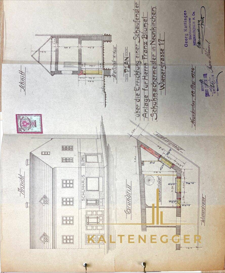 Historischer Bauplan des Gebäudes mit Ansicht, Schnitt und Grundrissdetails.