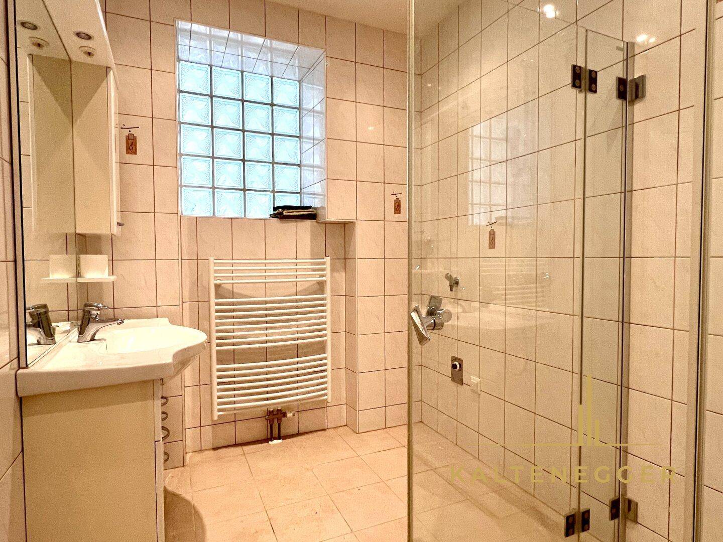 Gefliestes Badezimmer mit Duschkabine, Waschbecken und Handtuchheizkörper, beleuchtet durch Glasbausteine.