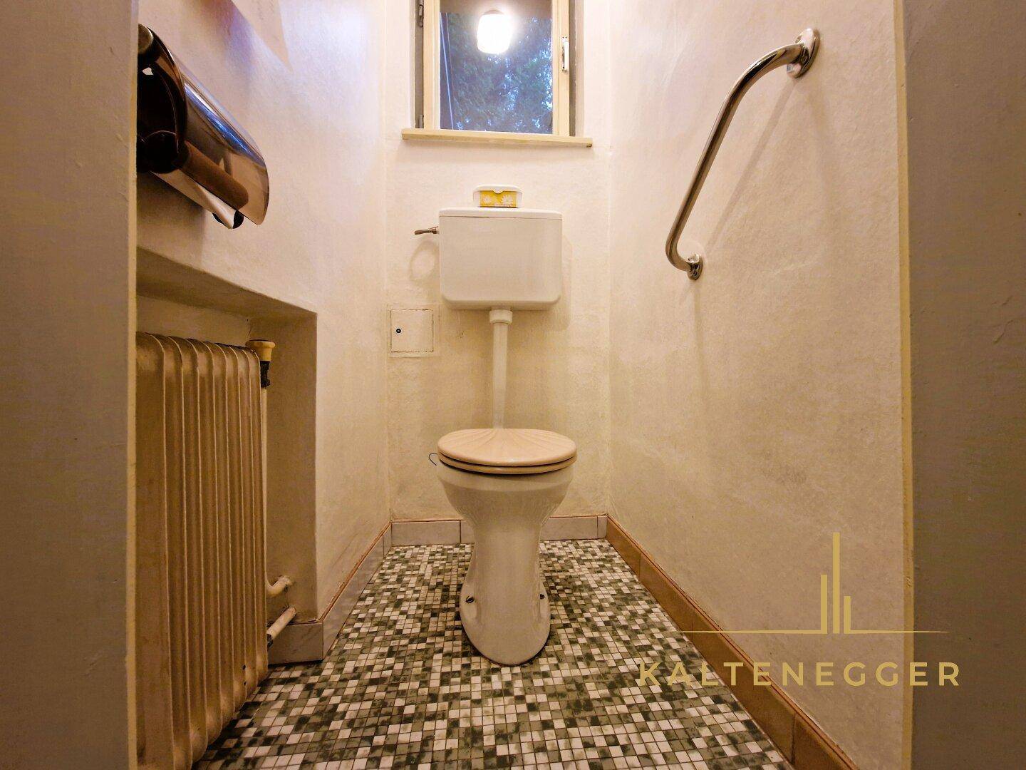 Separate Toilette mit kleinem Fenster und Mosaikfliesen, die einen älteren Stil aufweist.
