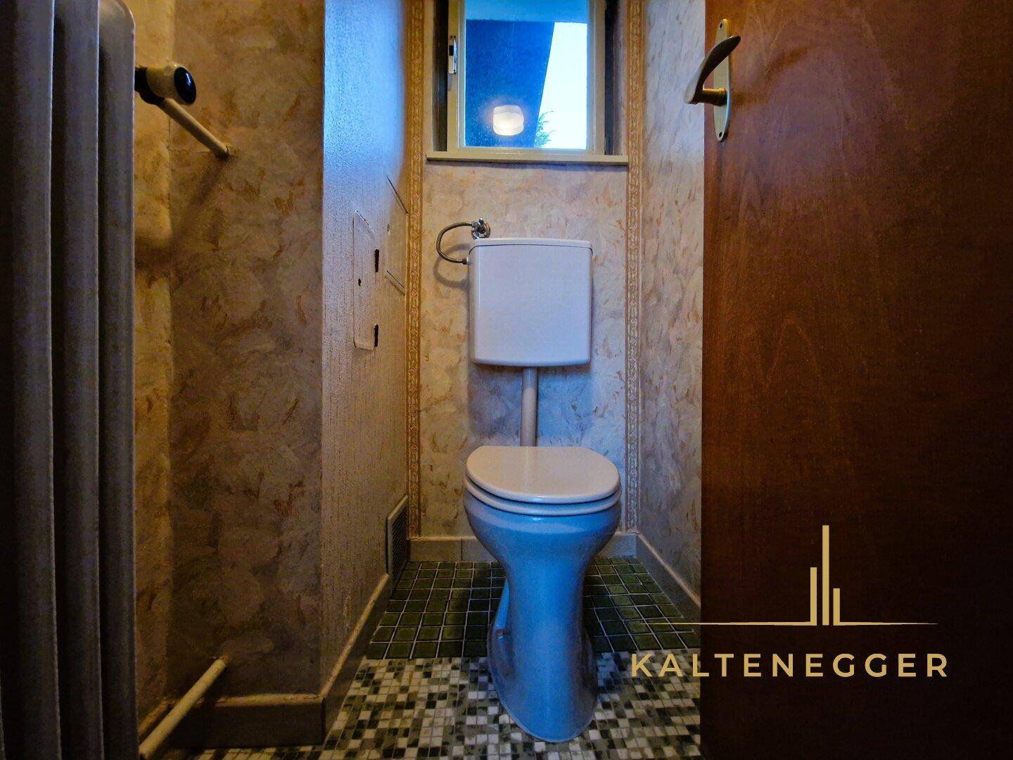 Separate Toilette mit blauem WC, Fenster und gemusterten Tapeten, die einen älteren Stil aufweist.