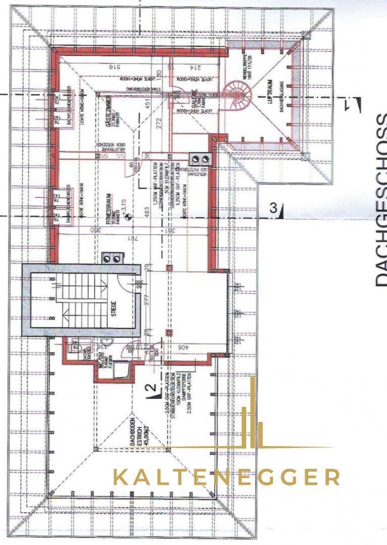 Grundriss des Dachgeschosses mit Fitnessraum, Gästezimmer und Loftraum.