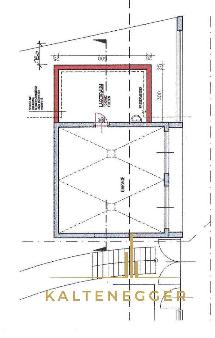 Grundriss der Garage mit Lagerraum und Stellplatz für Fahrzeuge.