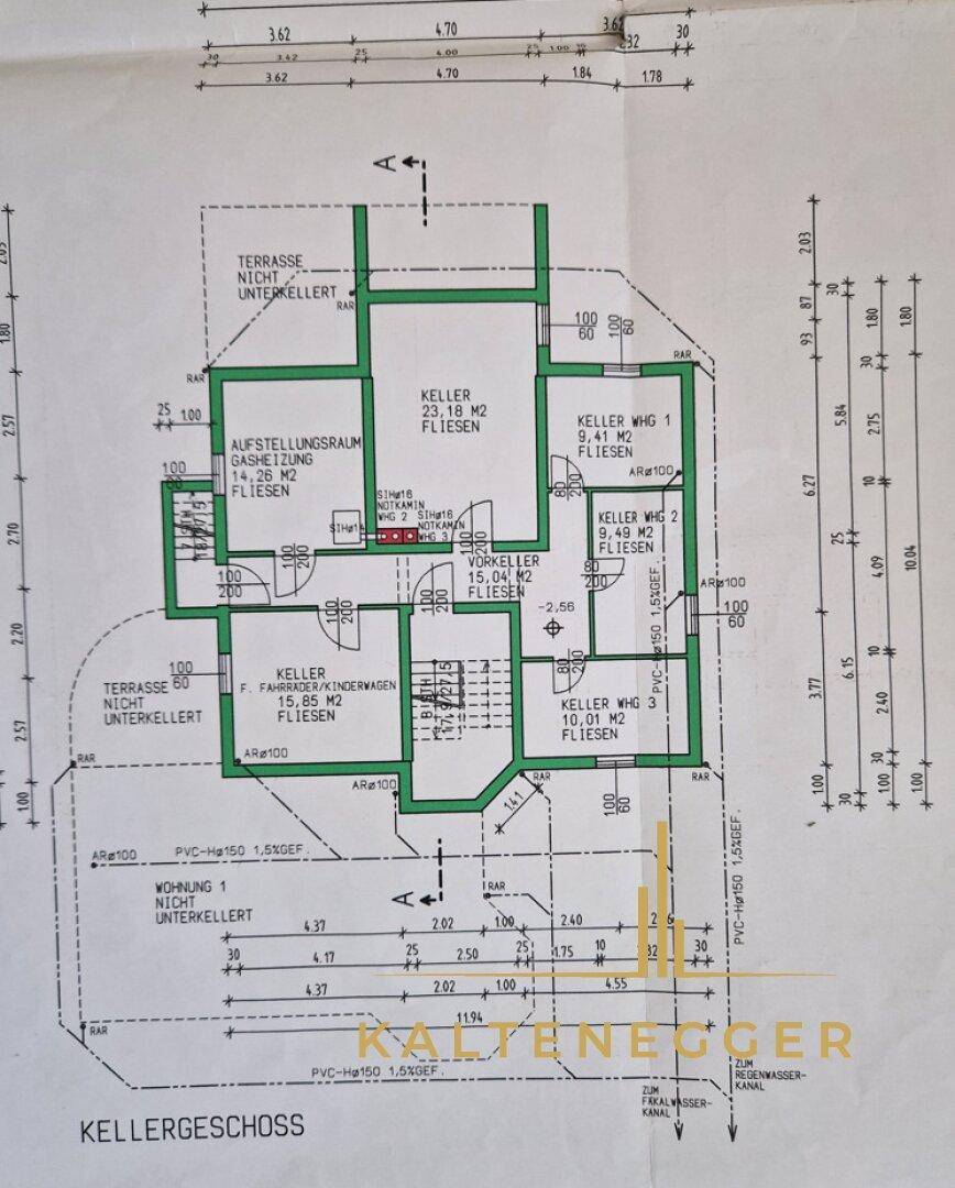 Grundriss des Kellergeschosses mit verschiedenen Kellerräumen und Abstellflächen.