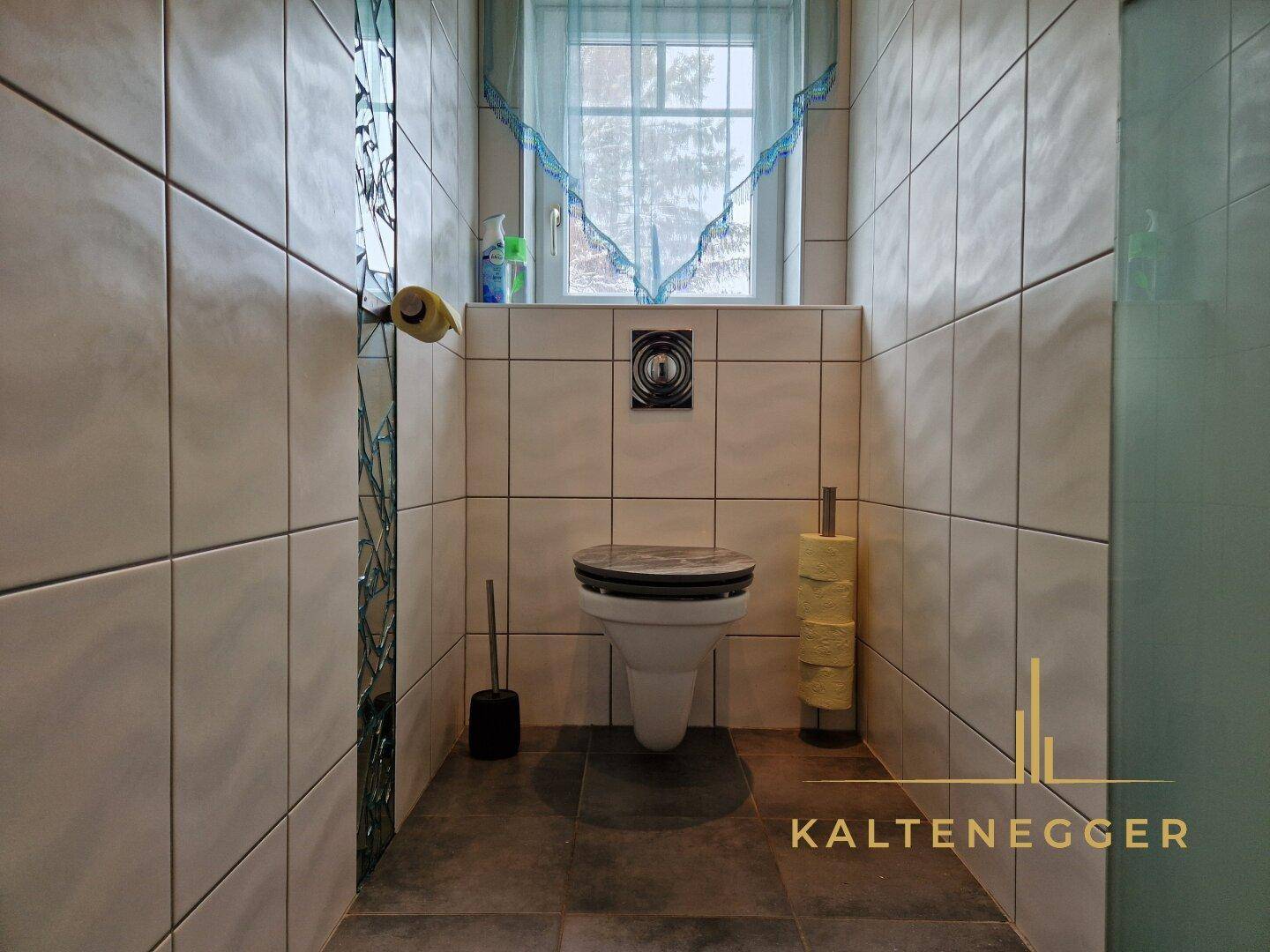 Separate Toilette mit hellen Fliesen, Wand-WC und Fenster für Tageslicht.