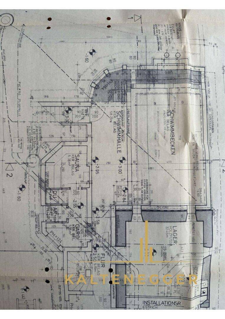 Grundriss des Kellergeschosses mit Schwimmhalle, Sauna und Lagerbereichen.