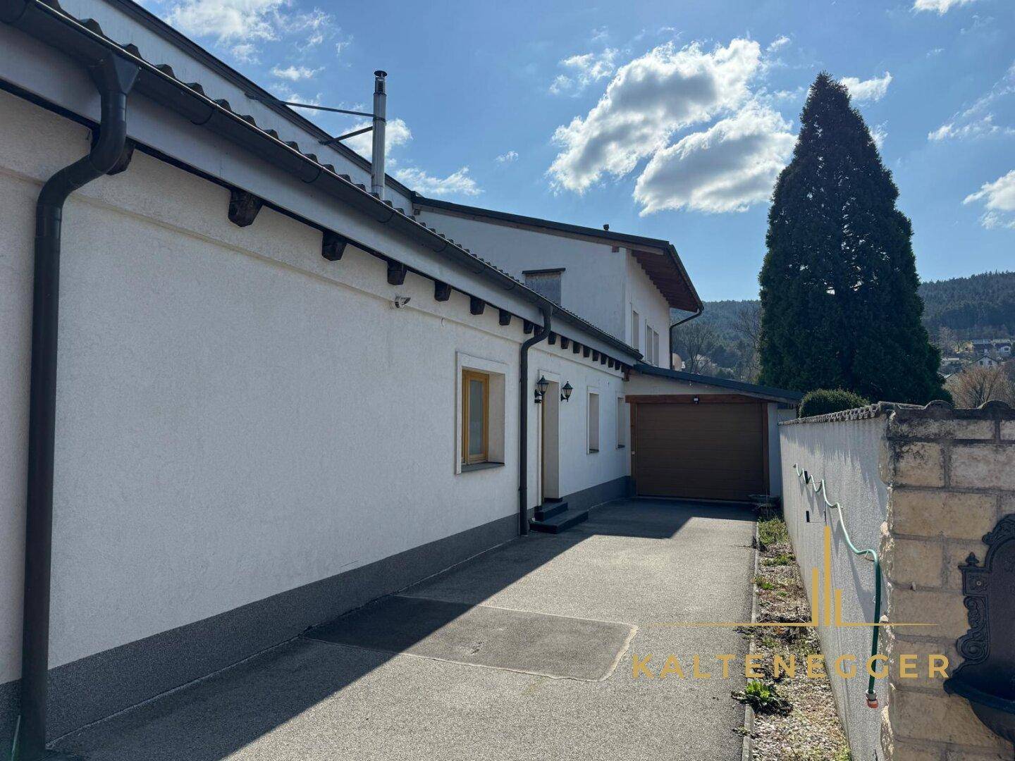 Seitenansicht des Hauses mit Zufahrt zur Garage und gepflegtem Außenbereich.
