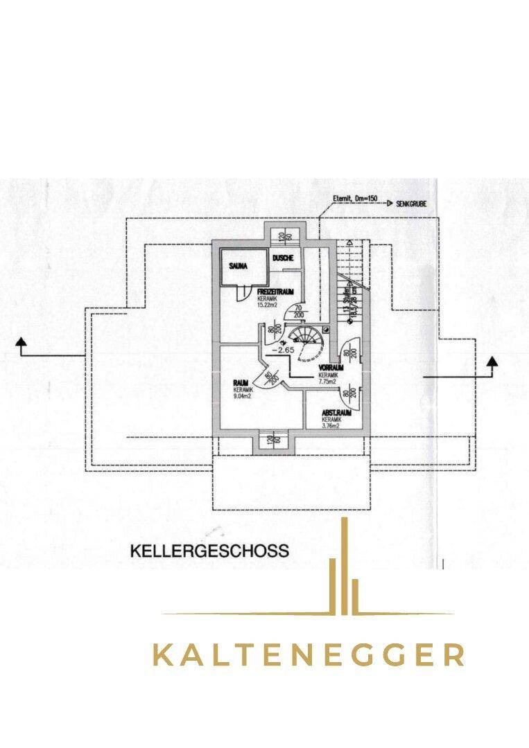 Grundriss des Kellergeschosses mit Freizeitraum, Sauna, Dusche und Abstellraum.