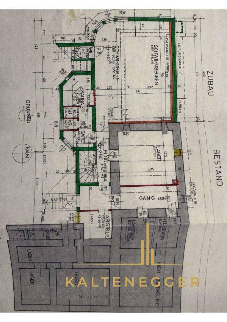 Detaillierter Grundriss des Kellergeschosses mit Schwimmhalle, Sauna und Lager.
