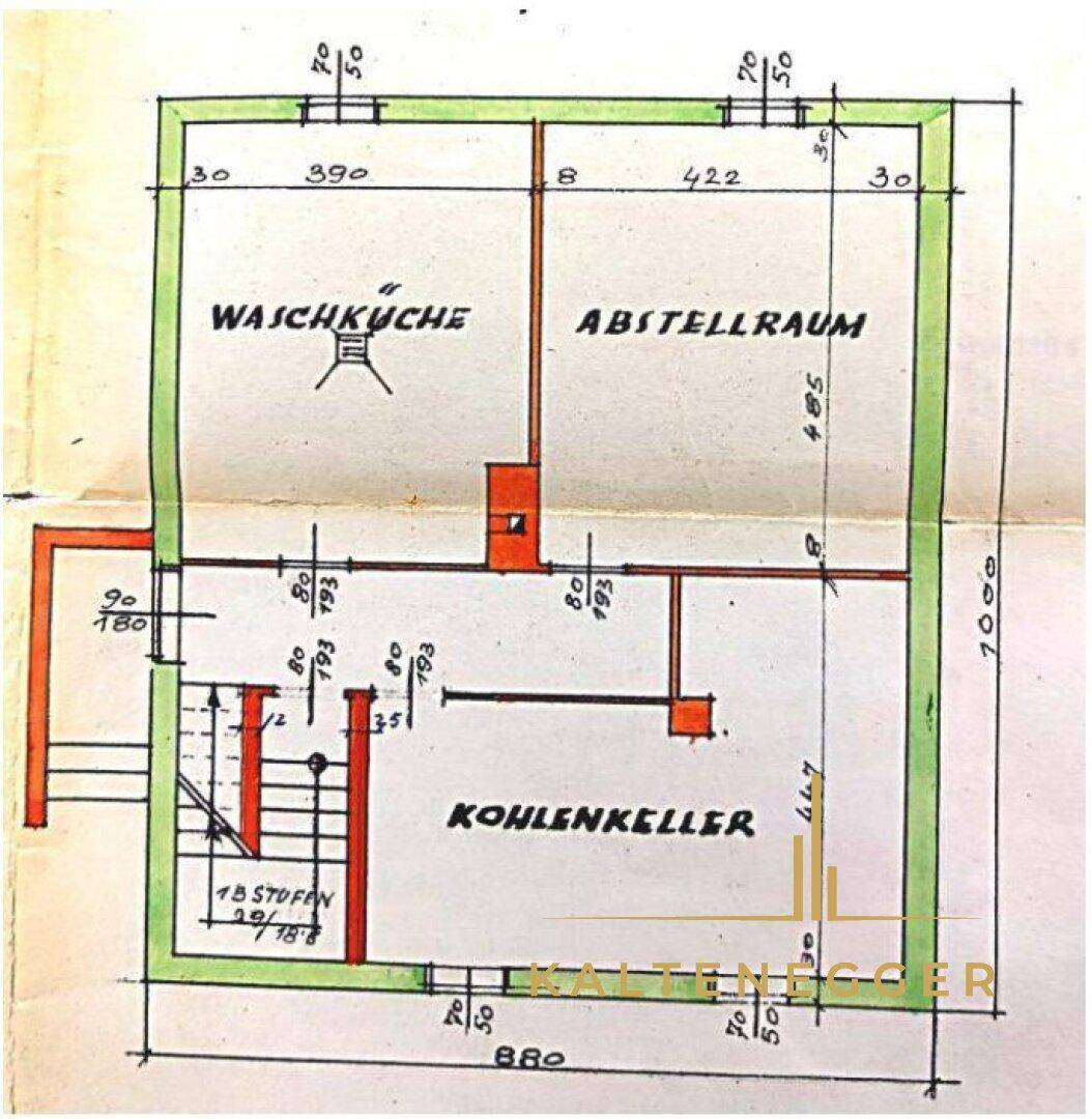 Handgezeichneter Grundriss des Kellergeschosses mit Waschküche, Abstellraum und Kohlenkeller.