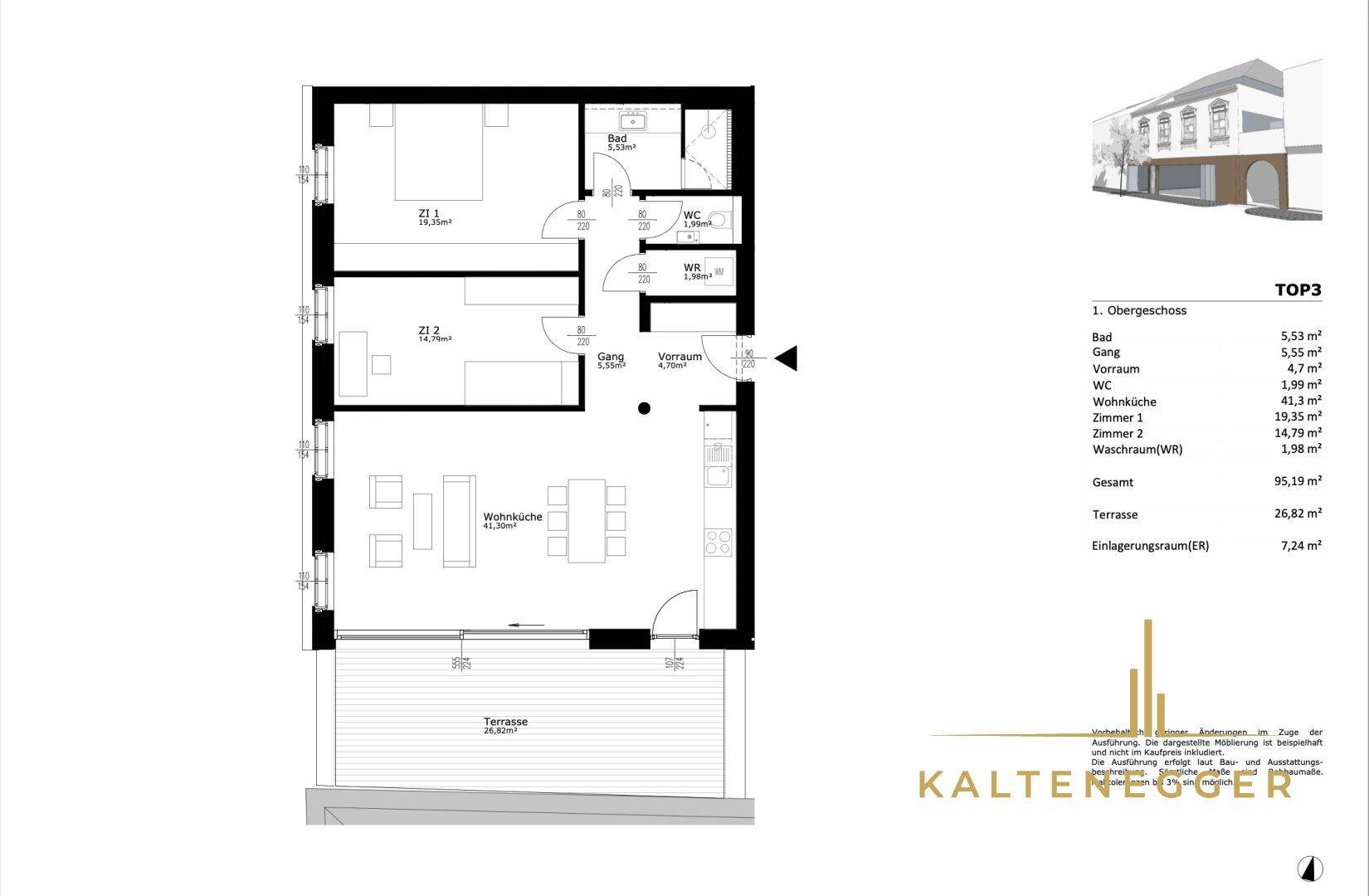 Grundriss der Wohnung TOP3 im 1. Obergeschoss mit Wohnküche, zwei Schlafzimmern, Bad, WC und großer Terrasse.