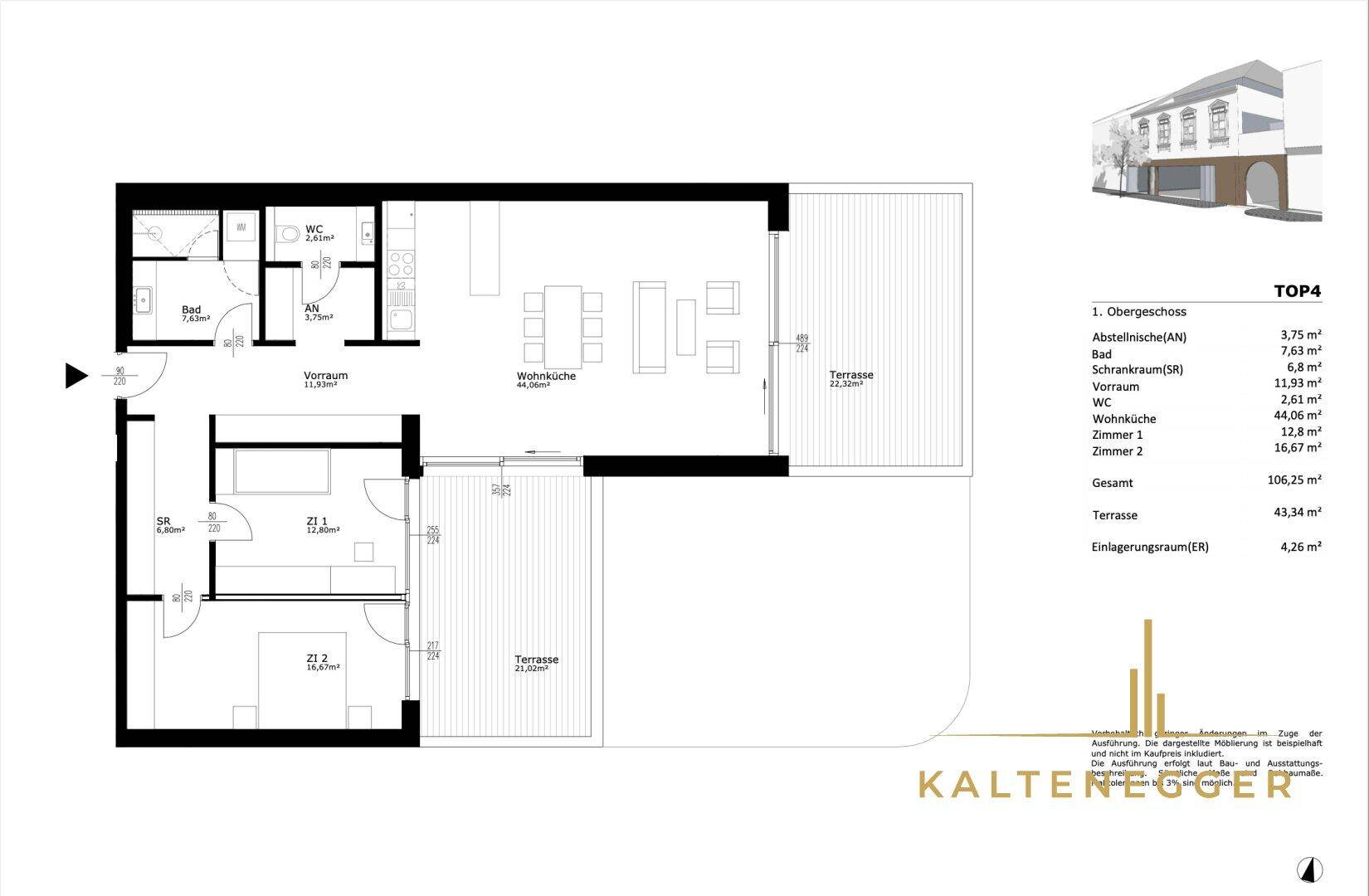 Grundriss der Wohnung TOP4 im 1. Obergeschoss mit Wohnküche, zwei Zimmern, Bad, WC und zwei Terrassen.