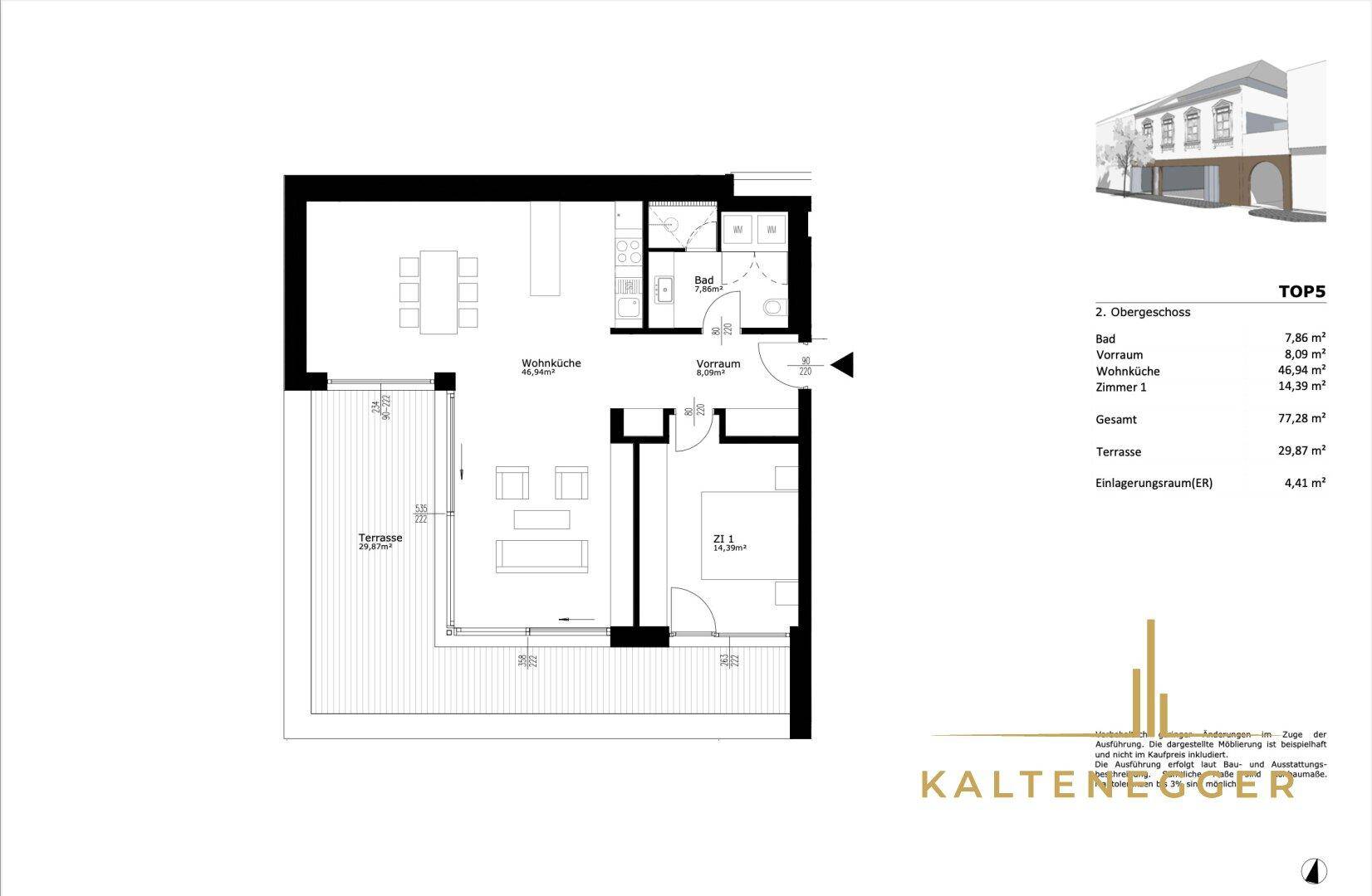 Grundriss der Wohnung TOP5 im 2. Obergeschoss mit Wohnküche, einem Schlafzimmer, Bad, WC und großer Terrasse.