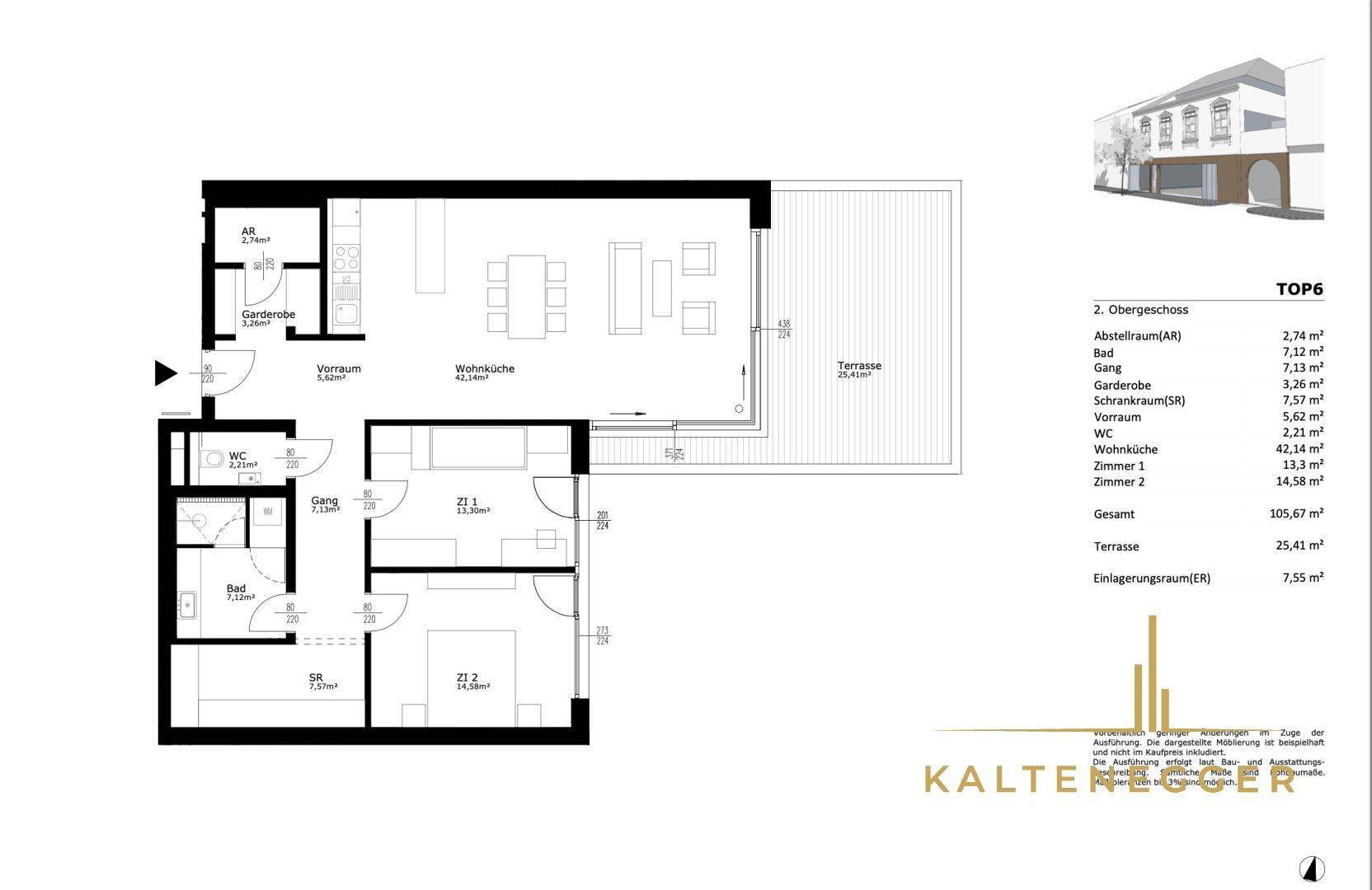 Grundriss der Wohnung TOP6 im 2. Obergeschoss mit Wohnküche, zwei Schlafzimmern, Bad, WC und Terrasse.