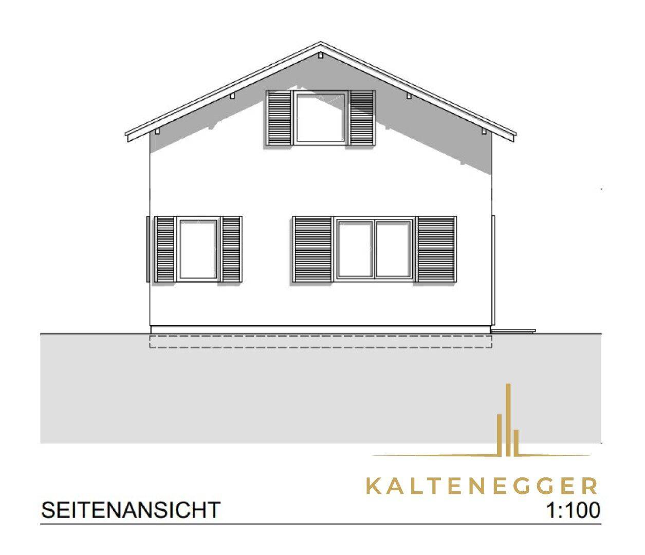 Seitenansicht des Hauses mit Fenstern und Fensterläden.
