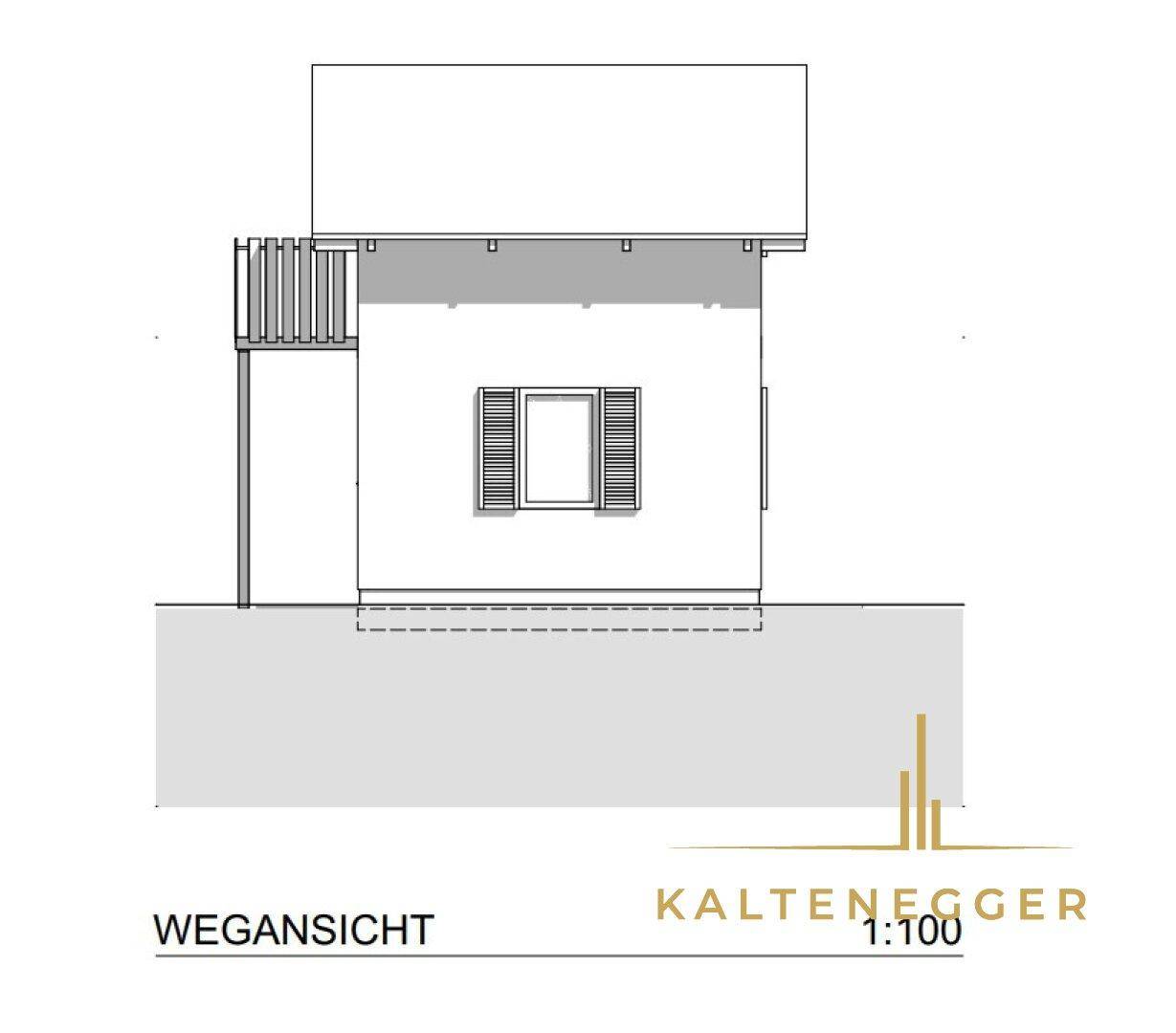 Wegansicht des Hauses mit Balkon und Fenster.