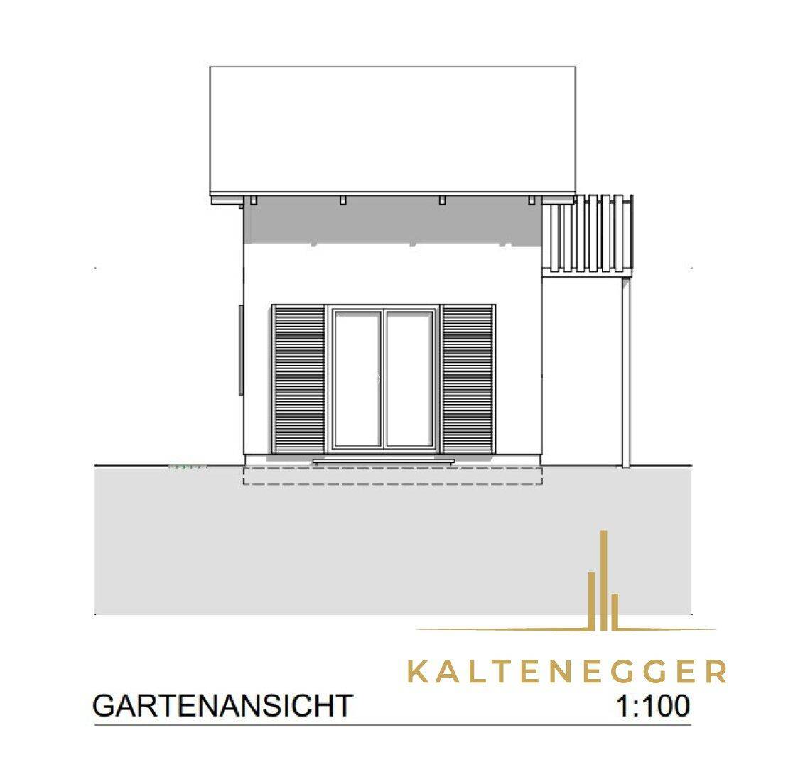 Gartenansicht des Hauses mit großen Fenstern und Fensterläden.