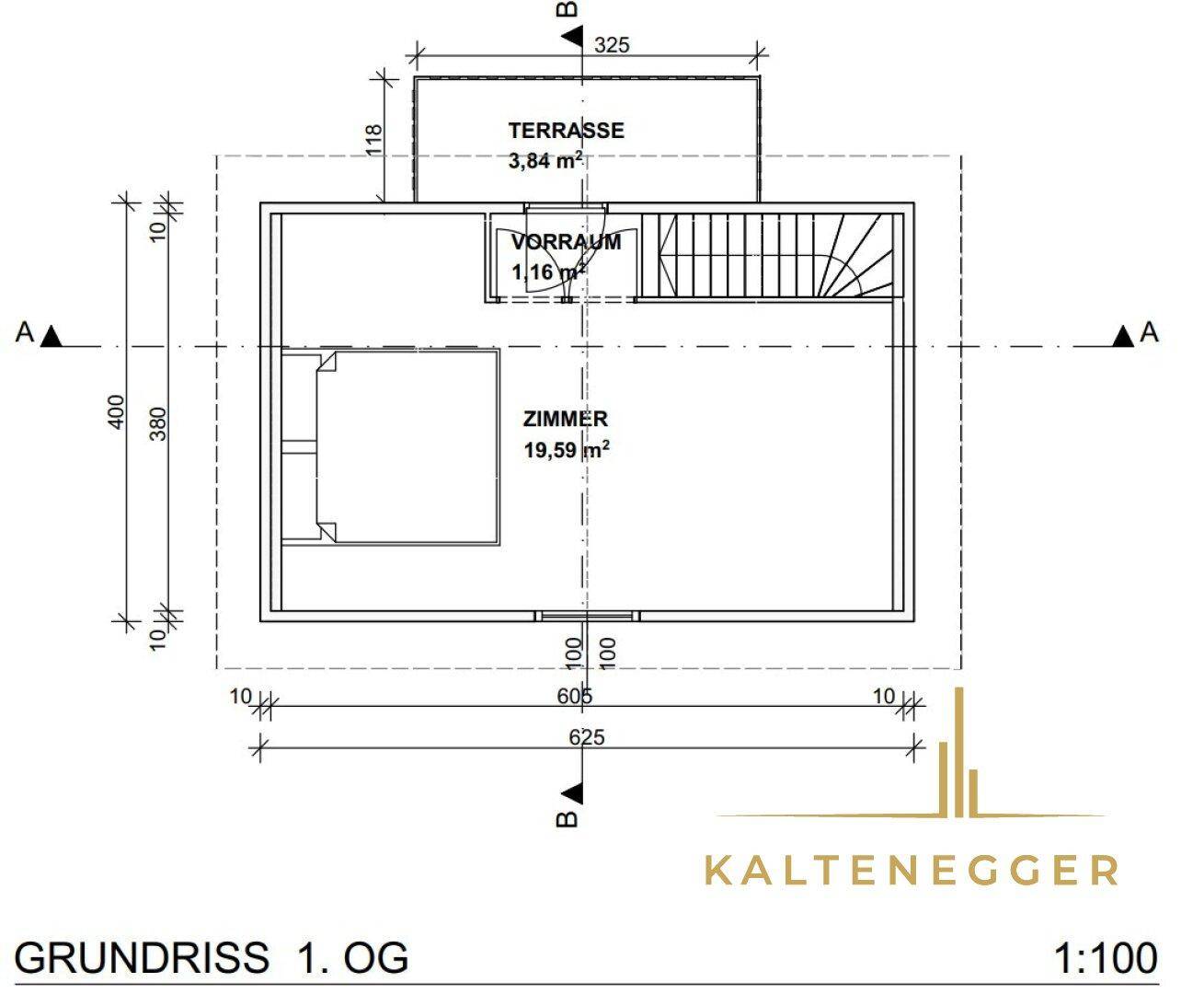 Grundriss des ersten Obergeschosses mit Zimmer, Vorraum und Terrasse.