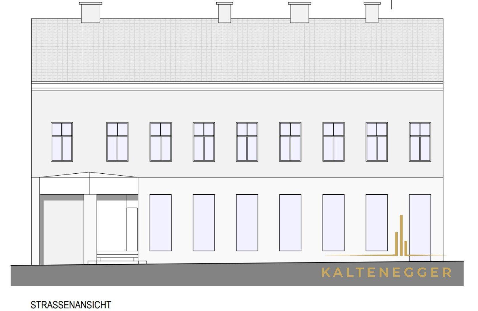 Straßenansicht des Gebäudes als architektonische Zeichnung.