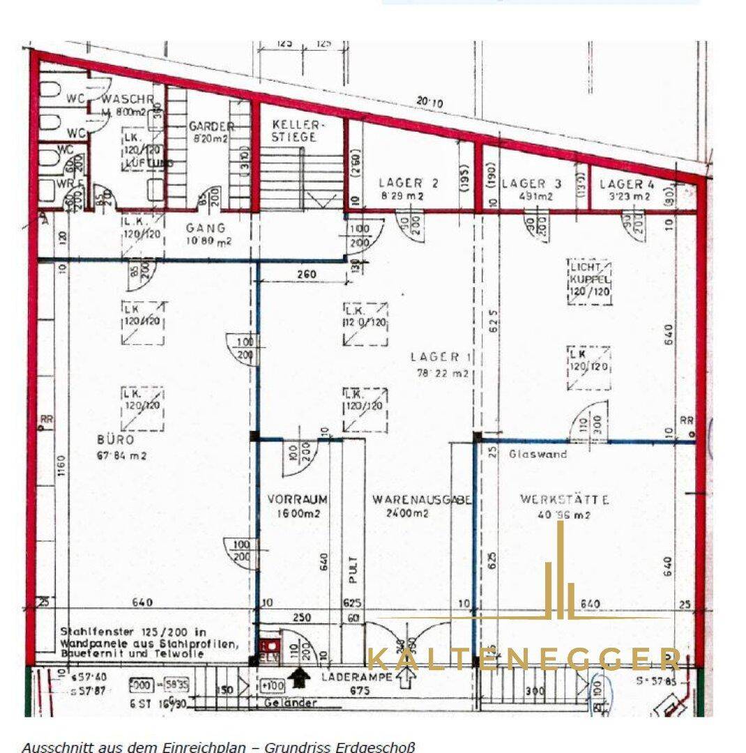 Ausschnitt des Erdgeschoss-Grundrisses mit Büro, Lager und Werkstattbereichen.