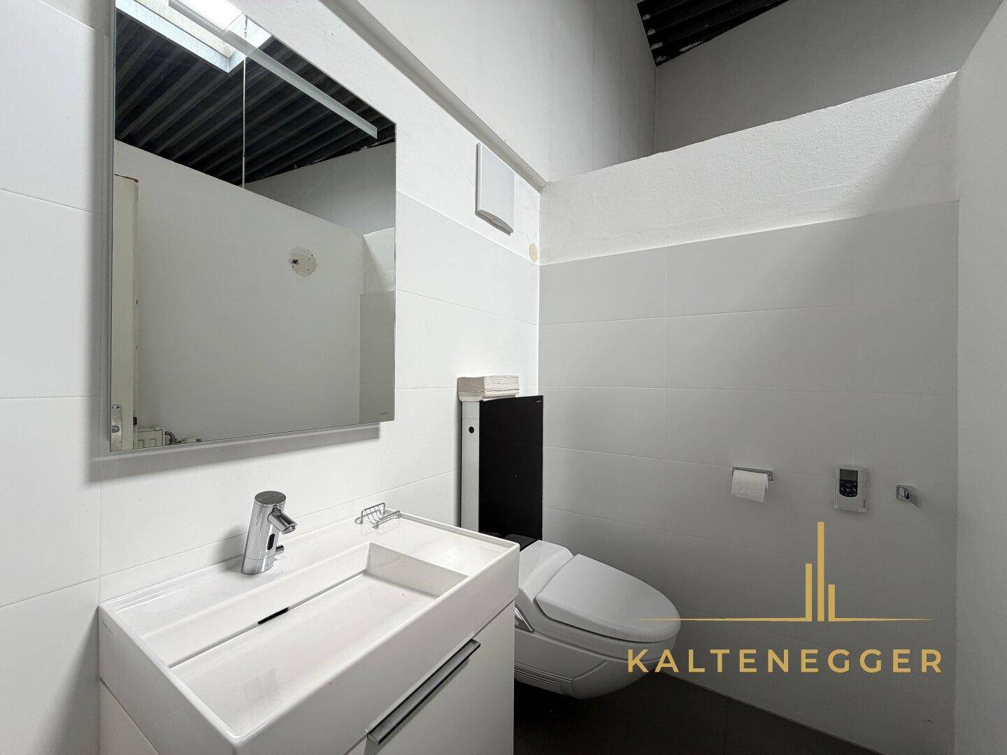 Modernes Badezimmer mit Waschtisch, Spiegel und wandhängender Toilette, gut beleuchtet.